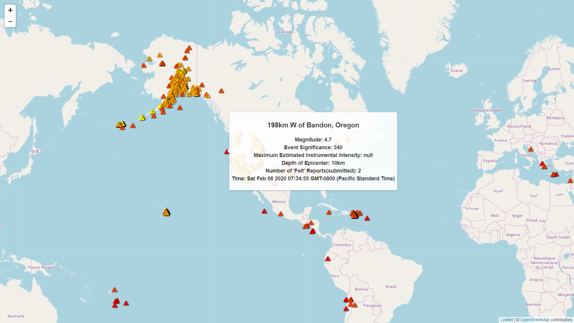 Map of world, marked with the earthquakes from the last week.